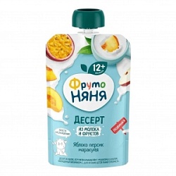 Десерт ФрутоНяня 90г Яблоко персик маракуйя с молоком и сахаром 12+